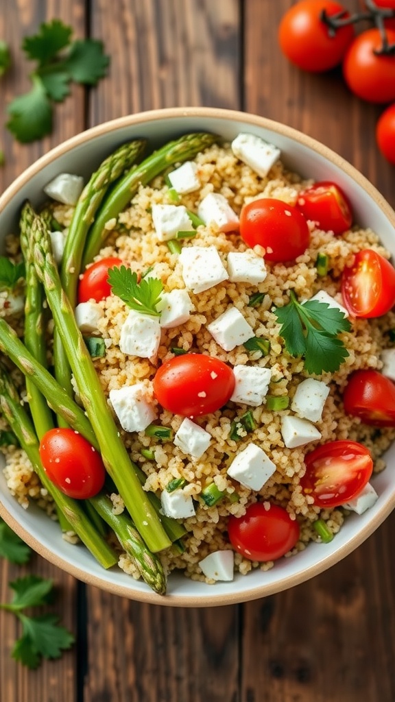 A colorful salad of asparagus and quinoa with tomatoes and feta on a wooden table.
